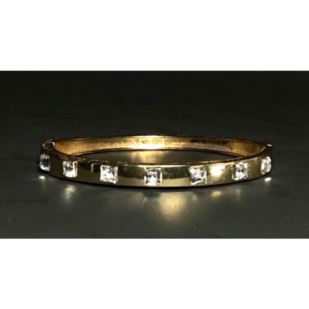 Gold Tone Hinged Metal Clamper Bangle Bracelet with Rhinestones - Picture 3 of 7